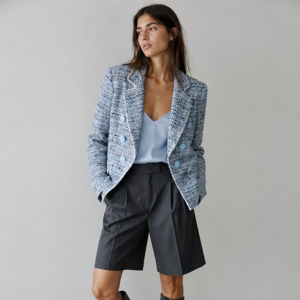 Generation Love Eliza Tweed Double-breasted Blazer Womens S Blue Long Sleeve
